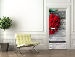 Samolepka na dvee flie 90 x 220  Red rose and butterfly on an old wooden table, 90 x 220 cm