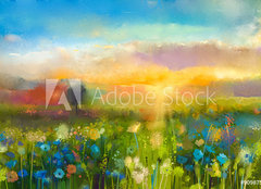 Fototapeta pltno 160 x 116, 90987549 - Oil painting  flowers dandelion, cornflower, daisy in fields. Sunset  meadow landscape with wildflower, hill and sky in orange and blue color background. Hand Paint summer floral Impressionist style