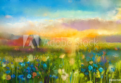 Fototapeta pltno 174 x 120, 90987549 - Oil painting  flowers dandelion, cornflower, daisy in fields. Sunset  meadow landscape with wildflower, hill and sky in orange and blue color background. Hand Paint summer floral Impressionist style