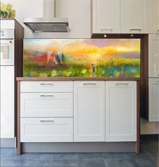 Fototapeta do kuchyn flie 180 x 60, 90987549 - Oil painting  flowers dandelion, cornflower, daisy in fields. Sunset  meadow landscape with wildflower, hill and sky in orange and blue color background. Hand Paint summer floral Impressionist style