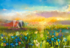Fototapeta papr 184 x 128, 90987549 - Oil painting  flowers dandelion, cornflower, daisy in fields. Sunset  meadow landscape with wildflower, hill and sky in orange and blue color background. Hand Paint summer floral Impressionist style