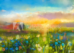Fototapeta papr 254 x 184, 90987549 - Oil painting  flowers dandelion, cornflower, daisy in fields. Sunset  meadow landscape with wildflower, hill and sky in orange and blue color background. Hand Paint summer floral Impressionist style