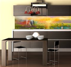 Fototapeta do kuchyně fólie 260 x 60, 90987549 - Oil painting flowers dandelion, cornflower, daisy in fields. Sunset meadow landscape with wildflower, hill and sky in orange and blue color background. Hand Paint summer floral Impressionist style - Olejomalba květiny pampeliška, chrpa, sedmikráska v polích. Západ slunce louka krajina s wildflower, kopce a obloha v oranžové a modré barvy pozadí. Ruční malba letní květinový impresionistický styl