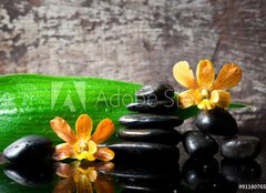 Fototapeta plátno 160 x 116, 91180765 - spa concept zen stones and orchid,wood background - lázně koncepce zen kameny a orchidej, dřevo pozadí