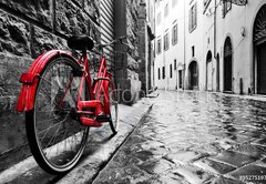 Fototapeta plátno 174 x 120, 95275197 - Retro vintage red bike on cobblestone street in the old town. Color in black and white - Retro vinobraní červené kolo na dlážděné ulici ve starém městě. Barva černá a bílá