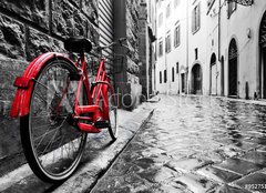 Fototapeta pltno 240 x 174, 95275197 - Retro vintage red bike on cobblestone street in the old town. Color in black and white - Retro vinobran erven kolo na dldn ulici ve starm mst. Barva ern a bl