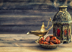 Fototapeta vliesov 100 x 73, 97000675 - Ramadan lamp and dates on wooden background. Oriental lantern