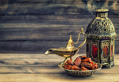 Fototapeta vliesov 145 x 100, 97000675 - Ramadan lamp and dates on wooden background. Oriental lantern