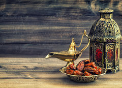 Fototapeta vliesov 200 x 144, 97000675 - Ramadan lamp and dates on wooden background. Oriental lantern