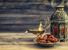 Fototapeta vliesov 270 x 200, 97000675 - Ramadan lamp and dates on wooden background. Oriental lantern