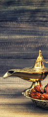 Samolepka na dveře fólie 90 x 220, 97000675 - Ramadan lamp and dates on wooden background. Oriental lantern - Ramadán lampa a data na dřevěné pozadí. Orientální lucerna