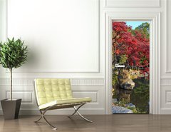 Samolepka na dvee flie 90 x 220  summer japanese landscape with pond and trees, 90 x 220 cm