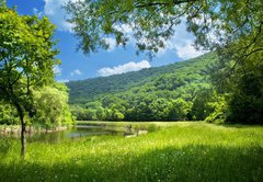 Fototapeta145 x 100  summer landscape with river and blue sky, 145 x 100 cm