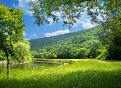 Fototapeta160 x 116  summer landscape with river and blue sky, 160 x 116 cm