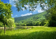 Fototapeta184 x 128  summer landscape with river and blue sky, 184 x 128 cm