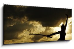 Sklenn obraz 1D panorama - 120 x 50 cm F_AB10544947 - samurai is drilled on sundown - samuraj je vyvrtn pi zpadu slunce