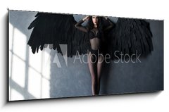 Skleněný obraz 1D panorama - 120 x 50 cm F_AB107103737 - Fallen black angel with wings. Sexual woman - Padlý černý anděl s křídly. Sexuální žena