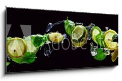 Sklenn obraz 1D panorama - 120 x 50 cm F_AB107824838 - lime and lemon pieces with peppermint - kousky vpna a citronu s mty peprn