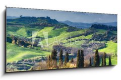 Sklenn obraz 1D panorama - 120 x 50 cm F_AB108374641 - Houses with cypress trees in a green spring day.