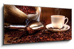 Obraz 1D panorama - 120 x 50 cm F_AB11872515 - Coffee cup with burlap sack of roasted beans - Kvov lek s pytlovm pytlem z praench fazol