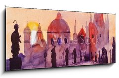 Obraz 1D panorama - 120 x 50 cm F_AB120336963 - Prague Charles Bridge at sunset, watercolor painting, the last rays of the setting sun, statues and lilac, red and purple tones - Prask Karlv most pi zpadu slunce, akvarel, posledn paprsky zapadajcho slunce, sochy a ek, erven a fialov tny