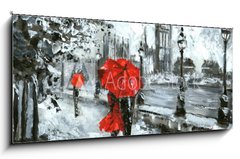 Obraz 1D panorama - 120 x 50 cm F_AB120793610 - oil painting, street view of london. Artwork, Black, white and red, big ben - olejomalba, pohled na Londn. Kresba, ern, bl a erven, big ben