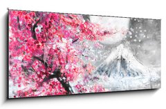 Obraz   oil painting landscape with sakura and mountain, hand drawn illustration, Japan, 120 x 50 cm