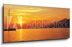 Obraz   Panoramic view of Sailing at sunset with mountains, 120 x 50 cm