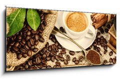 Obraz 1D panorama - 120 x 50 cm F_AB122026658 - Cup of hot black coffee with old wooden mill grinder 