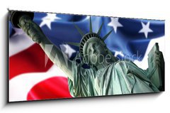 Skleněný obraz 1D panorama - 120 x 50 cm F_AB12542738 - NY Statue of Liberty against a flag of USA - NY Socha svobody proti vlajce USA