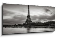 Skleněný obraz 1D panorama - 120 x 50 cm F_AB125899767 - Sunrise on the Eiffel Tower and Seine River in winter in Black & White. Port de Suffren, Grenelle, 15th and 7th Arrondissements of Paris, France - Východ slunce na Eiffelovu věž a řeku Seinu v zimě v černém