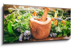 Obraz 1D panorama - 120 x 50 cm F_AB128185706 - Variety of herbs and mortar on wooden background, banner