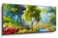 Obraz 1D panorama - 120 x 50 cm F_AB131023522 - oil painting, flowers and trees near the river, sunset