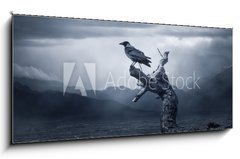 Sklenn obraz 1D panorama - 120 x 50 cm F_AB132023019 - Crow sitting on a branch - Vrna sed na vtvi