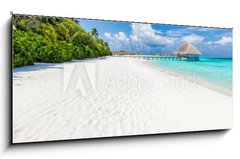 Obraz 1D panorama - 120 x 50 cm F_AB132600844 - Wide sandy beach on a tropical island in Maldives. Palms and wat