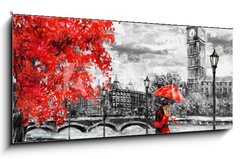 Skleněný obraz 1D panorama - 120 x 50 cm F_AB133948127 - oil painting on canvas, street of london. Artwork. Big ben. man and woman under an red umbrella. Tree. England. Bridge and river - olejomalba na plátně, londýnská ulice. Umělecká díla. Big ben. muž a žena pod červeným deštníkem. Strom. Anglie. Most a řeka