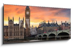 Obraz 1D panorama - 120 x 50 cm F_AB134727682 - Farbenfroher Sonnenuntergang hinter dem Big Ben und der Westminster Brcke