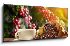 Obraz 1D panorama - 120 x 50 cm F_AB136057023 - Cup of coffee with smoke and coffee beans in burlap sack on coff