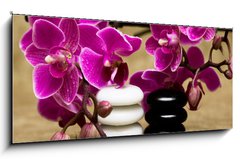 Sklenn obraz 1D panorama - 120 x 50 cm F_AB13631630 - Spa essentials (pyramid of stones with purple orchids)