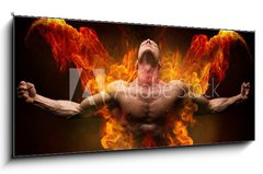 Sklenn obraz 1D panorama - 120 x 50 cm F_AB137170627 - On fire bodybuilder - V ohni kulturista