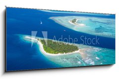 Skleněný obraz 1D panorama - 120 x 50 cm F_AB137181122 - Small tropical island in Maldives atoll - Malý tropický ostrov na Maledivském atolu