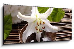 Obraz 1D panorama - 120 x 50 cm F_AB14431591 - Spa composition of white madonna lily - Lzesk sloen bl madonky