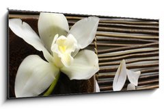 Obraz 1D panorama - 120 x 50 cm F_AB14760003 - bowl of orchid, petal on bamboo mat