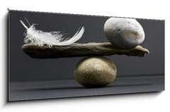 Skleněný obraz 1D panorama - 120 x 50 cm F_AB14789784 - feather and stone balance - péřová a kamenná rovnováha