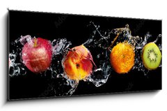 Skleněný obraz 1D panorama - 120 x 50 cm F_AB148249825 - Set of fresh fruits in water splash isolated on black background - Sada čerstvého ovoce v stříkající vodě izolované na černém pozadí