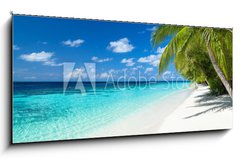 Skleněný obraz 1D panorama - 120 x 50 cm F_AB151010448 - coco palms on tropical paradise beach with turquoise blue water and blue sky - kokosové palmy na pláži tropického ráje s tyrkysově modrou vodou a modrou oblohou