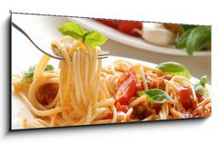 Obraz 1D panorama - 120 x 50 cm F_AB16290193 - Fork with pasta and basil - Vidlika s tstovinami a bazalkou