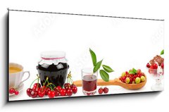 Skleněný obraz 1D panorama - 120 x 50 cm F_AB165225169 - Panoramic wide collage for skinali. Fruit, drinks, healthy food. Isolated on white - Panoramatická široká koláž pro skinali. Ovoce, nápoje, zdravé jídlo. Izolované na bílém