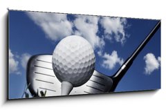 Sklenn obraz 1D panorama - 120 x 50 cm F_AB16573670 - Golf club and ball in grass - Golfov klub a m v trv