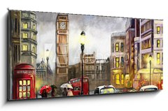 Obraz 1D panorama - 120 x 50 cm F_AB167015010 - oil painting on canvas, street view of london. Artwork. Big ben. couple and red umbrella, bus and road, telephone. Black car